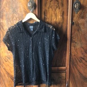 Mesh sequin button down
